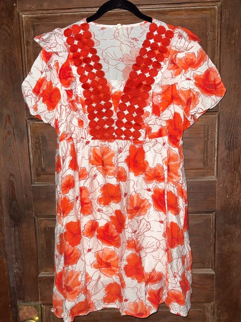 JODIFL White Dress with Bright Orange Floral Print and Red Crochet Neckline